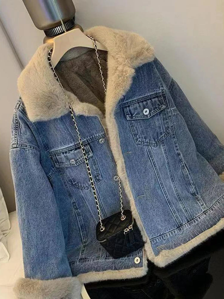 Winter Fleece Thicken Denim Jacket Women Loose Oversized Casual Warm Jeans Coats Wear Fur Collar Long Sleeves Female Clothes  Amaijoin