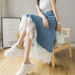 Carregue a imagem no visualizador da Galeria, Harajuku Lace Patchwork Denim Skirt Woman Korean High Waist Blue Midi Skirts Women Summer Fashion Plus Sized 3Xl A-Line Skirt  Amaijoin
