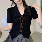 Carregue a imagem no visualizador da Galeria, Korean Sweet Asymmetrical Crop Tops Women Summer New Solid Turn-down Collar Short Sleeve Bandage T Shirts Kawaii Clothes  Amaijoin
