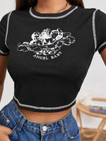 Load image into Gallery viewer, Women&#39;s Stylish Angel Letter Printed T-Shirt Short Sleeve Round Neck Contrast Stitch Slim Fit Wild Casual Crop Tops for Summer  Amaijoin
