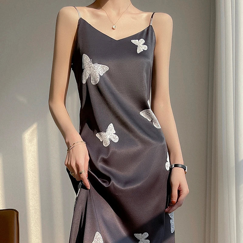 Summer Sling Skirt Silk Vest Satin Dress Ladies Sleeveless Outer Wear Thin French Suit Inside New Mulberry Silk Base Long Skirt  Amaijoin