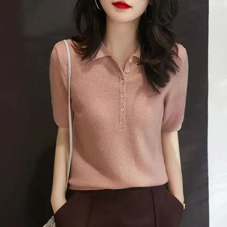 Women's Polo Shirts Knitted Plain Button T-shirts Pink Clothing Trend 2024 Basic Pulovers Short Female Tee Sleeve Pretty Summer  Amaijoin