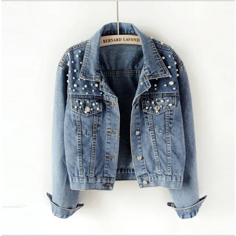 2024 Women's Short Denim Jacket Beaded Pearl Jacket Loose Spring and Autumn New Denim Jacket  Amaijoin