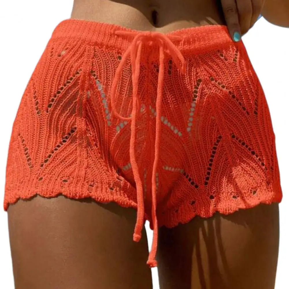 Women Beach Shorts Hollow Out Knitted Lace Drawstring Summer Bikini Pants Crochet Knit Swim Beach Wear Cover Up Juicy-buttocks  Amaijoin