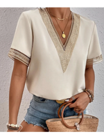 Carregue a imagem no visualizador da Galeria, 2023 summer new lace V-neck short-sleeved T-shirt women loose casual blouse thin solid color pullover  Amaijoin
