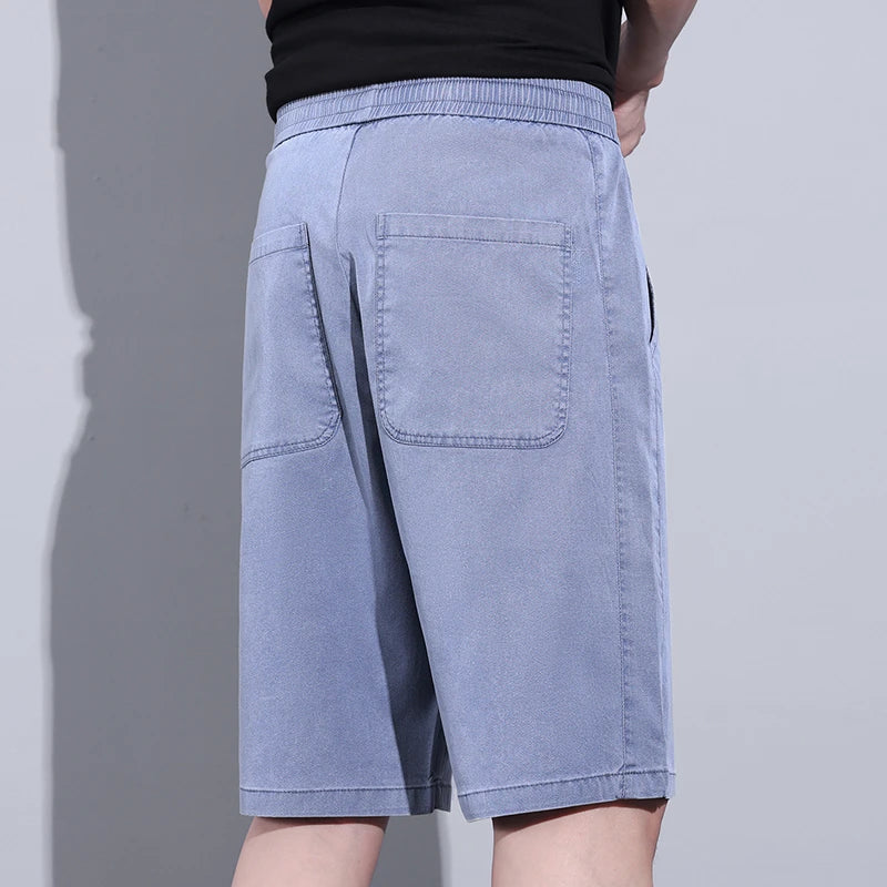 Summer Soft Cosy Lyocell Fabric Men's Denim Shorts Thin Loose Pants Drawstring Elastic Waist Korea Casual Short Plus Size M-5XL  Amaijoin