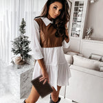 Carregue a imagem no visualizador da Galeria, Casual Long Sleeve Mini Shirt Dress For Women White 2024 Spring PU Leather Patchwork Plaid Woman Dresses Clothing Femme Robe  Amaijoin
