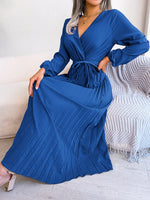 Load image into Gallery viewer, Women Elegant V Neck Long Sleeve Pleated Maxi Dress  Amaijoin
