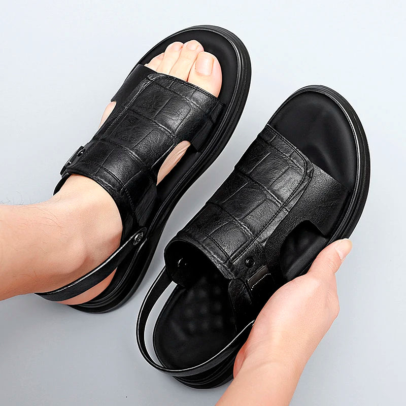 2023 High Quality Half Drag Men's Sandals Leather Men Shoes Casual Comfortable Open Toe Sandals Soft Beach Footwear Male Shoes  Amaijoin