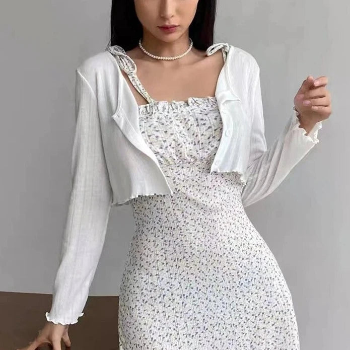 2024 Summer Solid Color Thin Cardigan Women All Match Long Sleeve Sun Protection Cardigan Woman Korean Style Lace Up Crop Top  Amaijoin