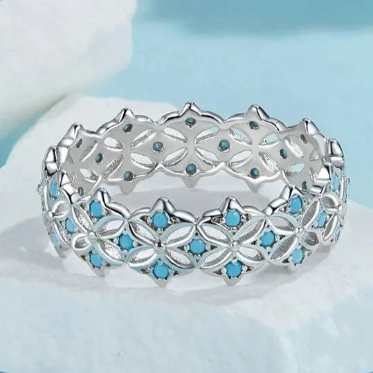 BAMOER 925 Sterling Silver Turquoise Ring for Women, White Gold Plated Flower Ring Paved with Cubic Zirconia Statement Band Ring  Amaijoin