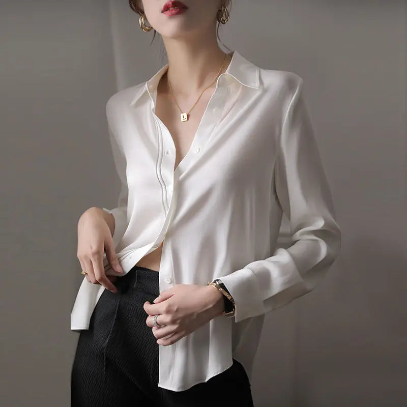 Youth Summer Blouse for Women Casual Silk Fashion Satin Satin Shirt Woman Formal White Office Wear Aesthetic Beautiful Loose New  Amaijoin