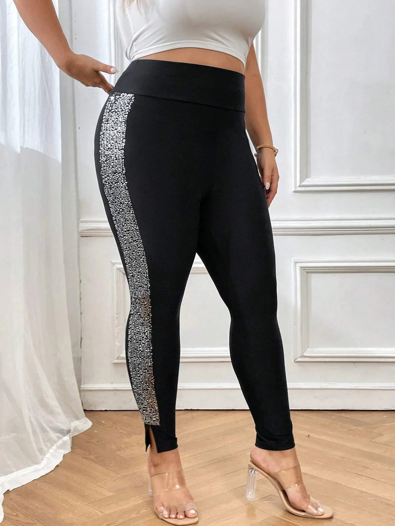 Women's Plus Size Sequin Side Seam Slit Hem Leggings Casual Fashion Pants Women's Comfortable Leggings  Amaijoin