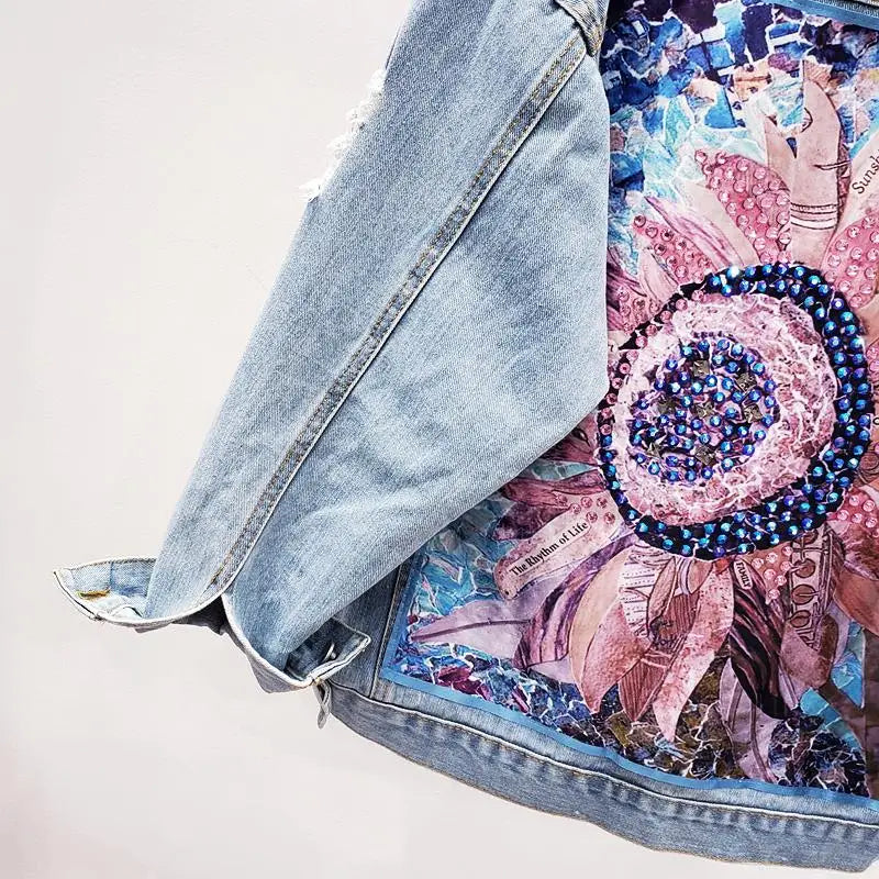 Streetwear Style Print Women's Denim Jacket Coat Diamonds Hole BF Jeans Outwear Female Spring Autumn Casual Loose Cowboy Outwear  Amaijoin