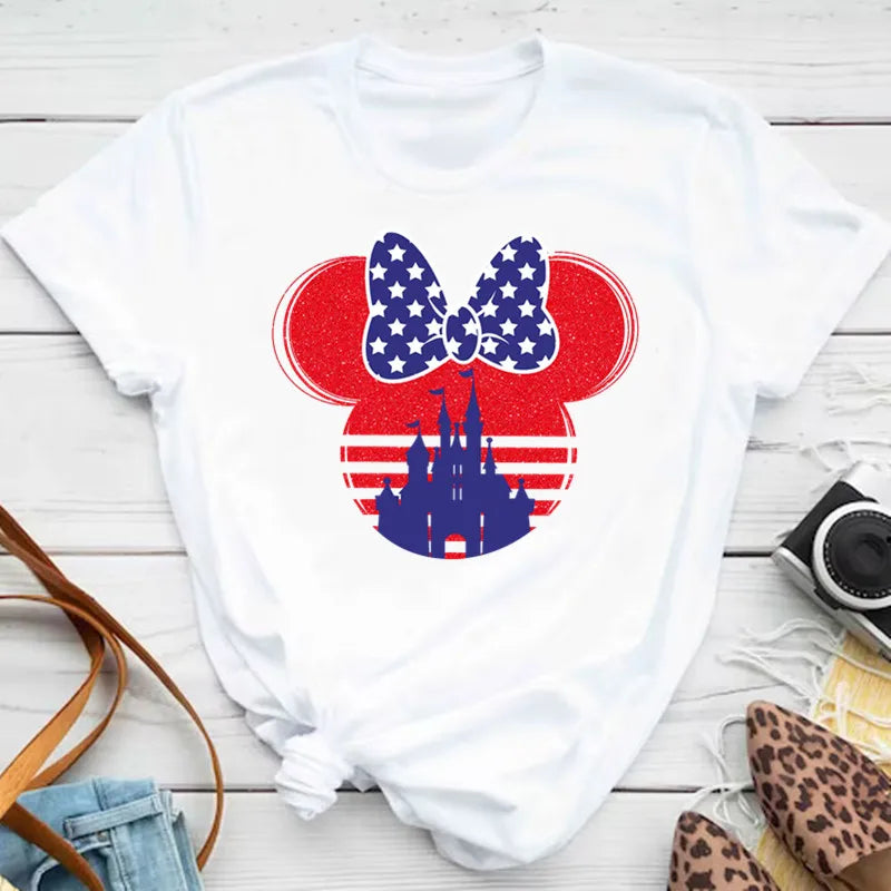 New T-shirts for Women Fashion Heart Minnie Print T Shirt Streetwear Clothes Kawaii Mickey Mouse Disney T Shirt Female Tops  Amaijoin