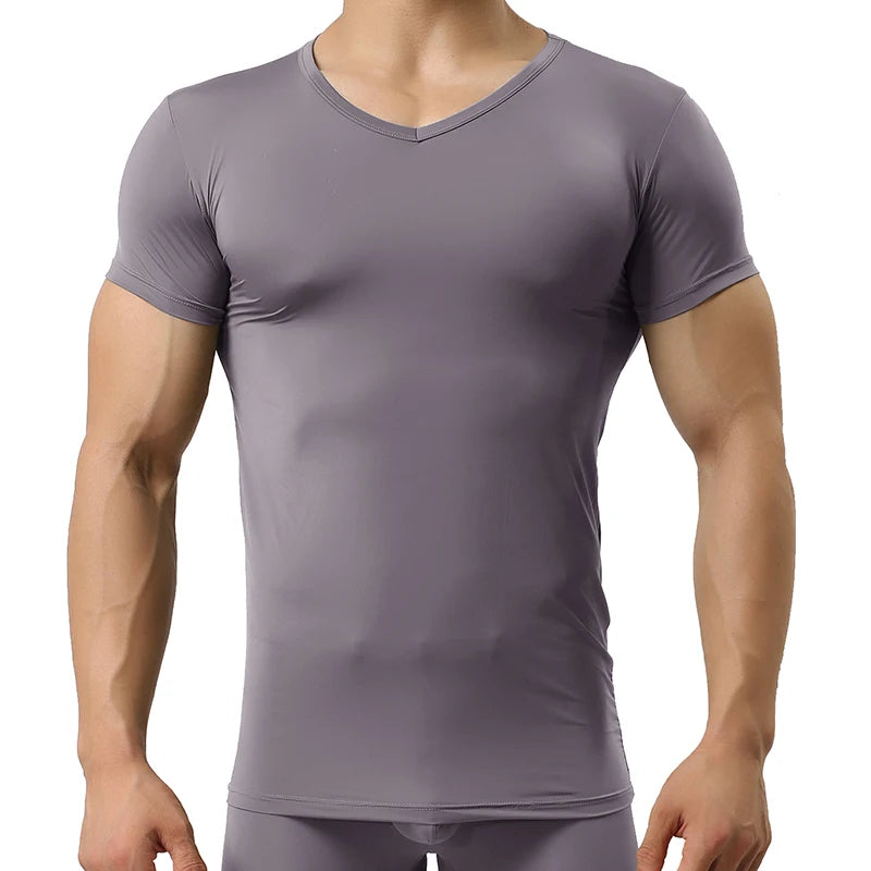 Men's Sheer Undershirts Man Ice Silk Mesh See through Basics Shirts Sexy Fitness Bodybuilding Underwear  Amaijoin