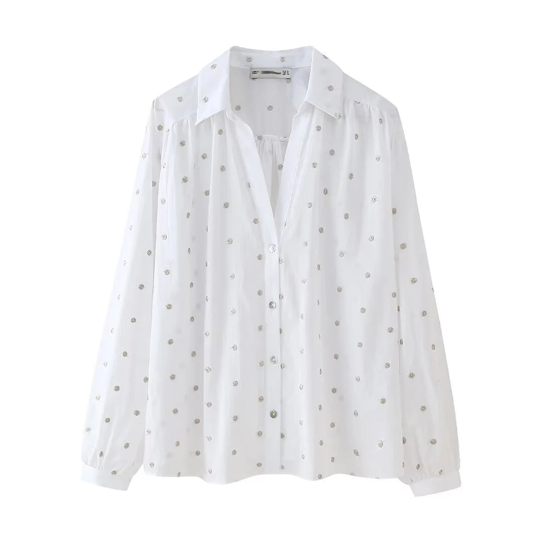 TRAF White Oversize Shirt Women Dot Button up Shirts for Women Long Sleeve Ruched Blouse Female Summer Collar Shirts and Blouses  Amaijoin