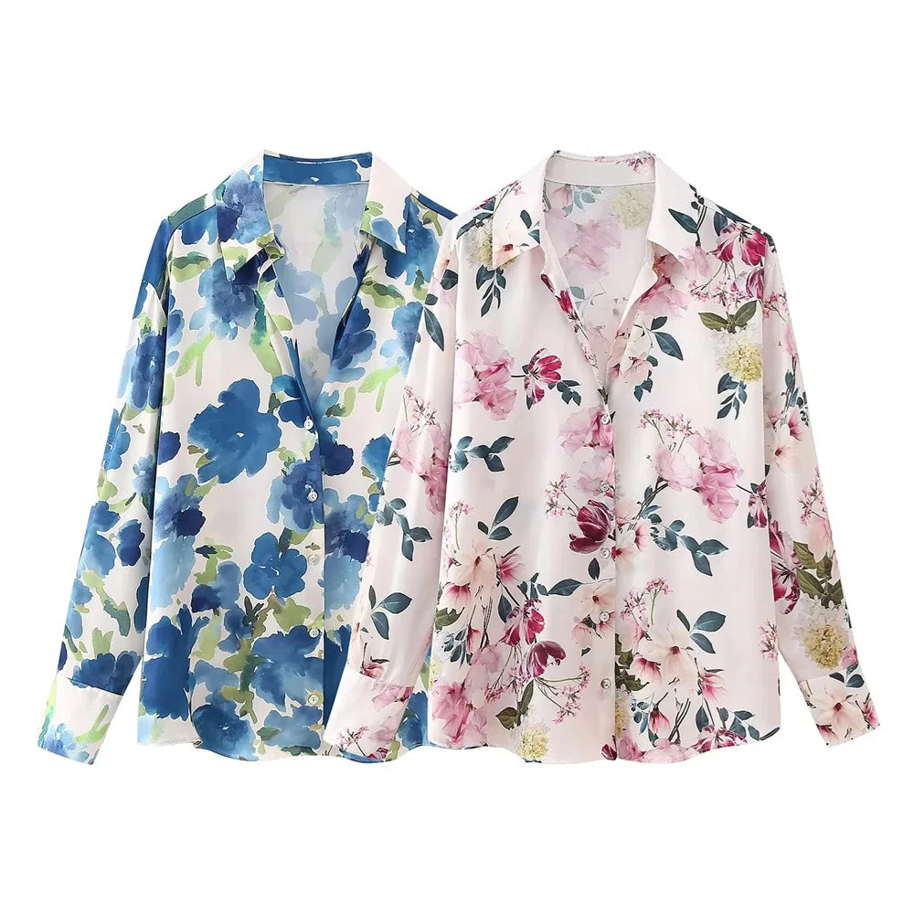 UNIZERA2024 Spring New Product Women's Casual Long sleeved Silk Satin Texture Retro Flower Print Shirt Loose Top  Amaijoin