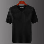 Carregue a imagem no visualizador da Galeria, Men&#39;s Short Sleeve T-shirts V-neck Casual Knitting Striped Tops All-match Solid Color Pullover Soft Slim Fit Breathable T Shirt  Amaijoin
