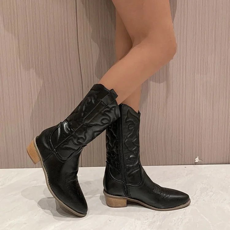 Gold Mid-calf Boots Woman Side Zipper Silver Pointed Western Cowboy Boots Retro Fashion Black Boots Plus Size 36-43 Women Boots  Amaijoin