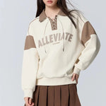 Carregue a imagem no visualizador da Galeria, Semir Sweatshirt Women Fleece Letter Print Color Matching Loose Winter Waffle Polo Collar Artistic Retro Style Sweatshirt  Amaijoin
