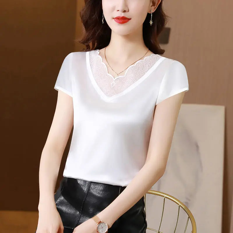 Fashion Foreign Style Loose Lace Short Sleeve T-Shirt Top Women's Spring and Summer Large Acetate Satin Bottomed Shirt  Amaijoin