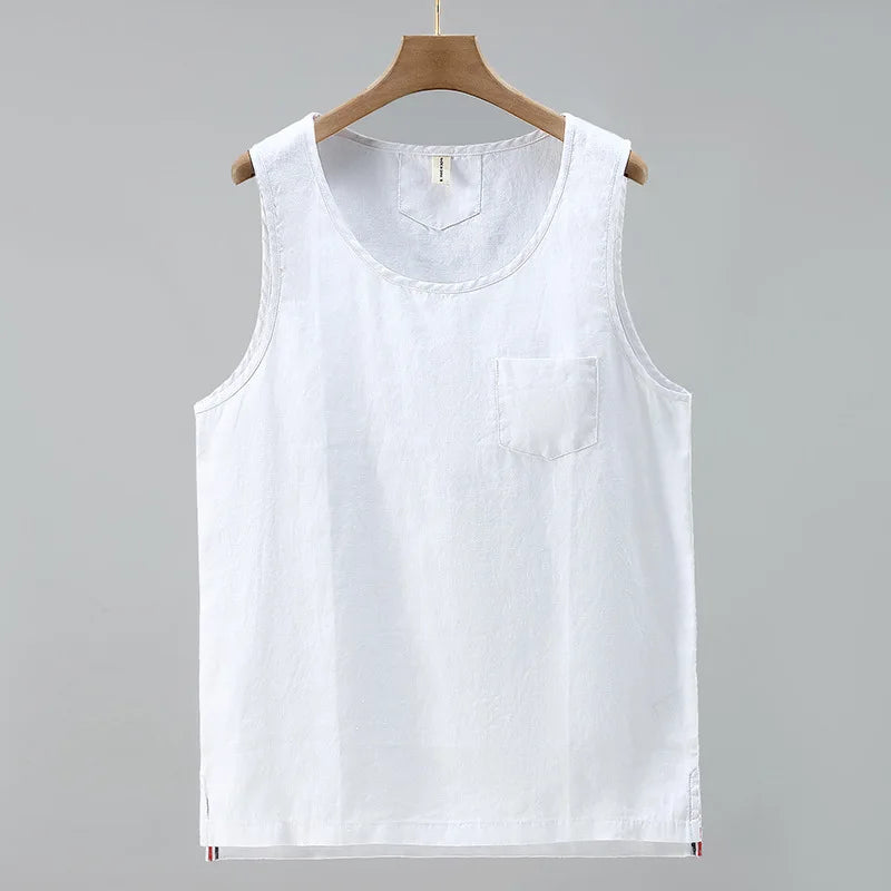 100% Linen Yarn Dyed High Quality Vest Summer Fashion Men's Solid Color Simple Pocket Casual Waistcoat Teens Gym Sleeveless Tank  Amaijoin