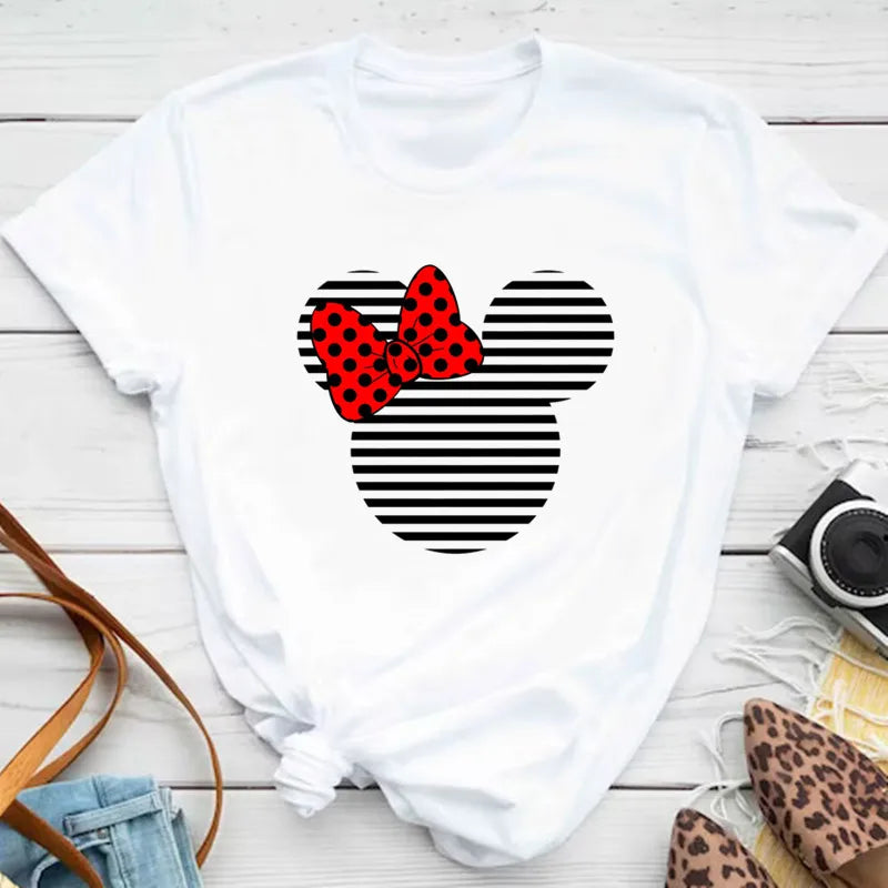 New T-shirts for Women Fashion Heart Minnie Print T Shirt Streetwear Clothes Kawaii Mickey Mouse Disney T Shirt Female Tops  Amaijoin