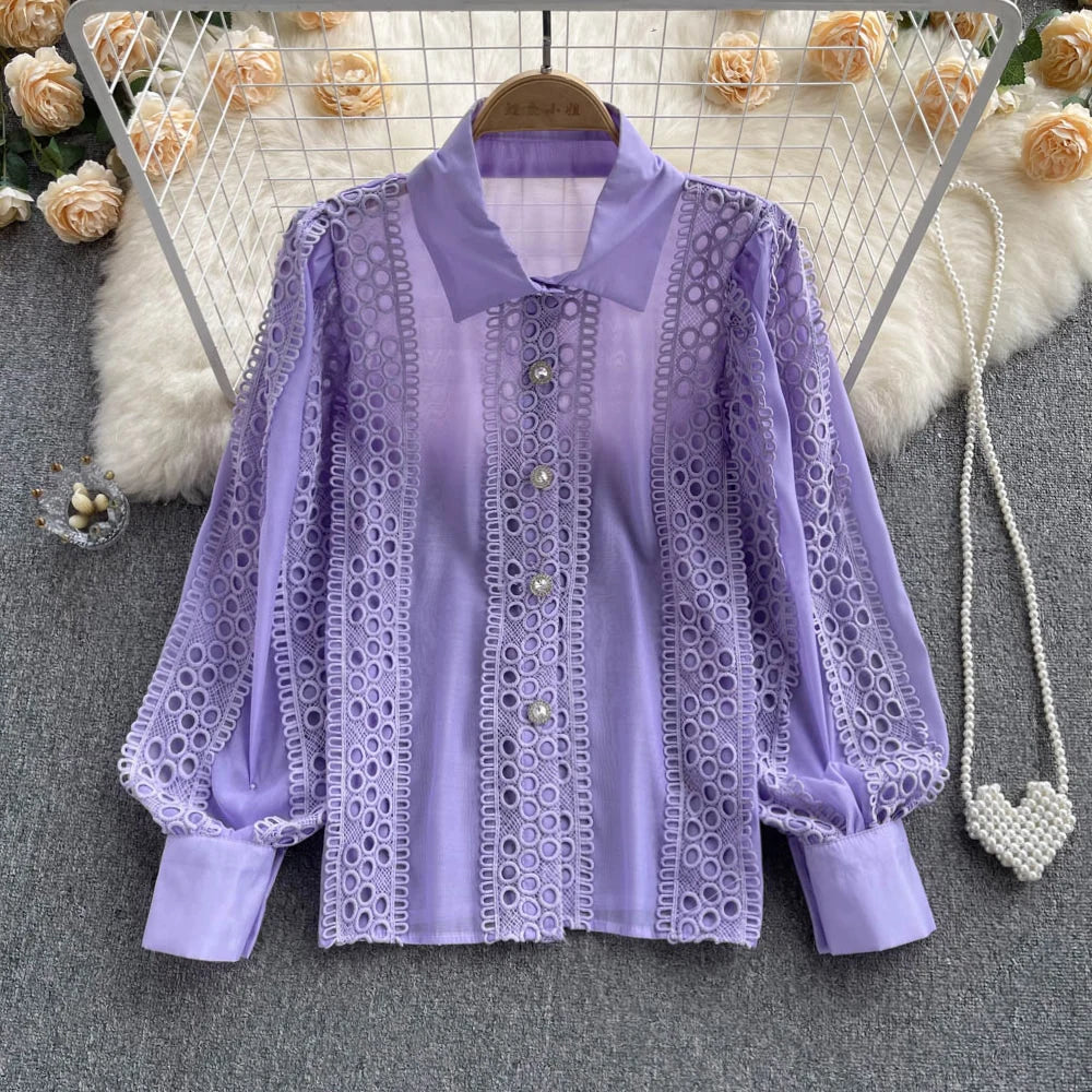 Women's Korean Style Loose Lace Hollow Shirt Top Polo Collar Single Breasted Long Sleeve Shirt 2024 Spring/Summer Sweet Clothing  Amaijoin