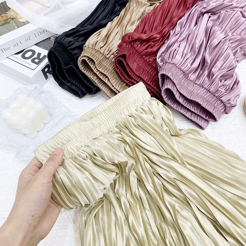 Seoulish 2024 New Stain Pleated Women's Long Skirts Spring Summer Multi Colors High Waist Harajuku Umbrella Maxi Skirts Female  Amaijoin