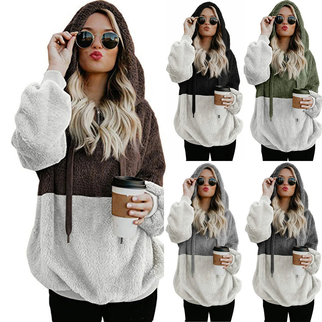 Women's pullover Women's Color Blocking Hooded Stitched Long Sleeve Zipper Plush Sweatshirts  Amaijoin