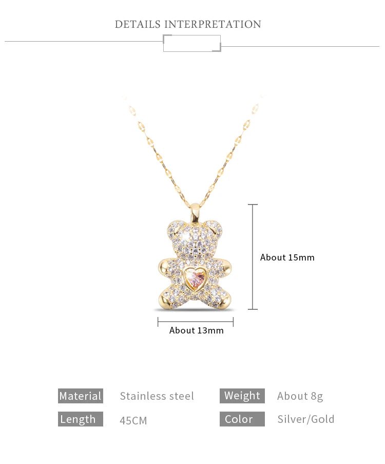 Flash Lovely Bear Pendant Necklaces for Women Golden Titanium Stainless Steel Neck Link Chain female Jewelry Gift  Amaijoin