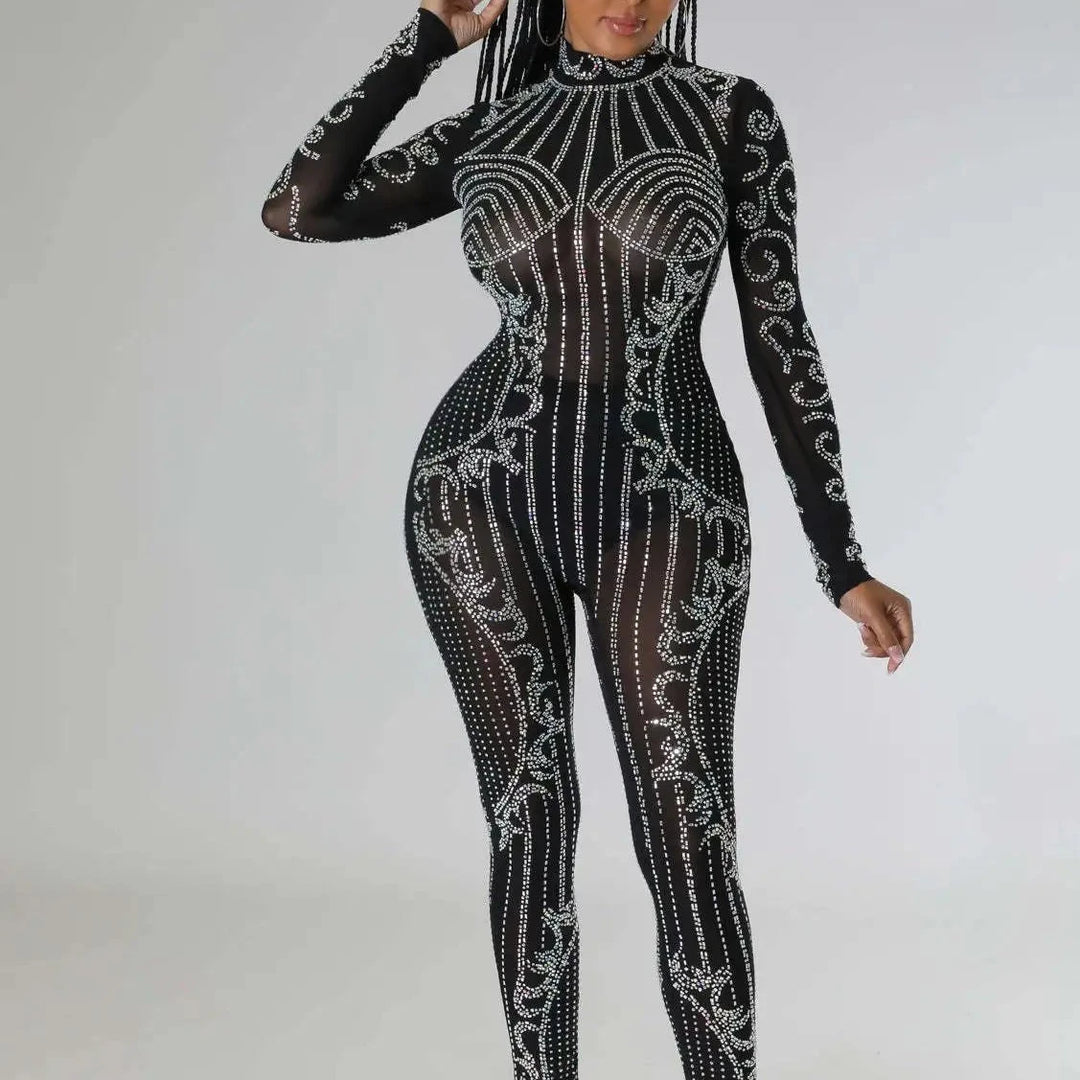 Perspective Hot Diamond Long Sleeve Party Nightclub Jumpsuit  Amaijoin