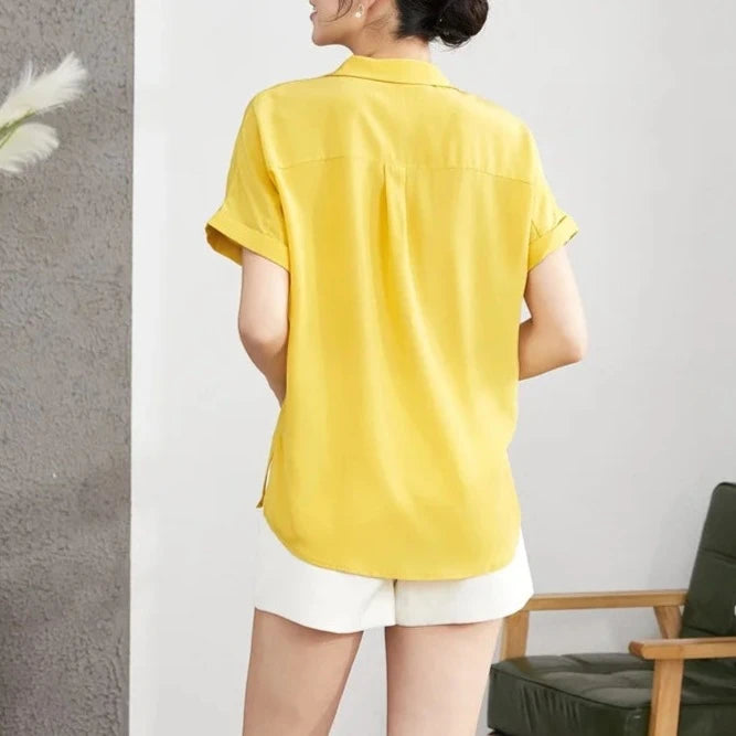 Birdtree 16mm 100%Natural Silk Female T-shirt High Quality Short Sleeve Solid Color Tops Summer New Pullover Clothes T37723QM  Amaijoin