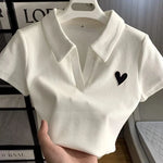 Carregue a imagem no visualizador da Galeria, Loves Embroidery T-shirt Polo Collar Orthoshoulder Slim Hotsweet Women&#39;s Crop Top Korean Fashion Hottie Simple Casual Wholesale  Amaijoin
