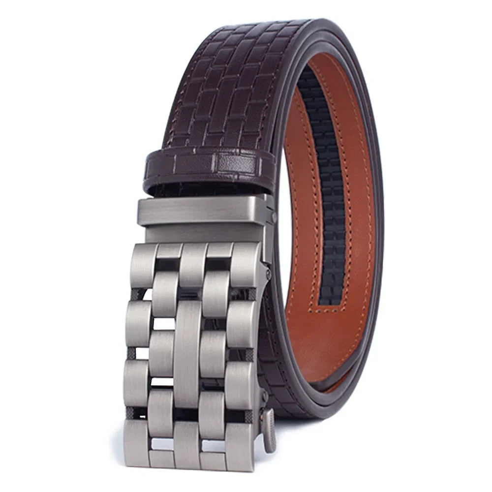 2023 Men Belt Metal Luxury Brand Automatic Buckle Plaid Genuine Leather Belts for Men Waist Strap Black Male  Amaijoin