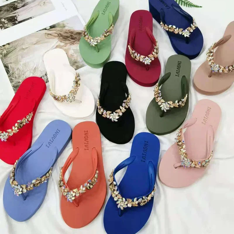 Slippers Women Glitter Flip Flops  Summer 2023 Fashion Outdoor Rhinestone Chain Wedge Beach Slippers Jelly Hawaiian Flat Sandals  Amaijoin