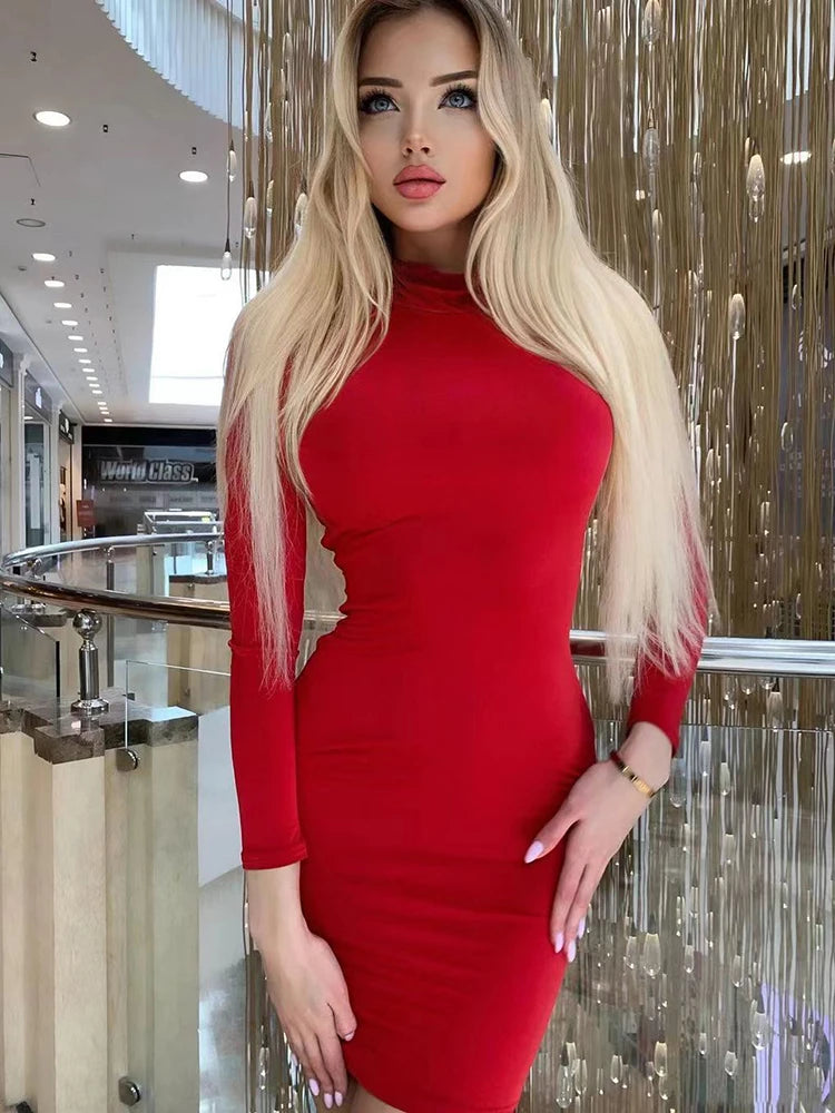 New Arrival Turtleneck Long Sleeve Skinny Mini Dress Sexy Skirt Dresses Women Elegant Chest Slim Pleated Dress  Amaijoin