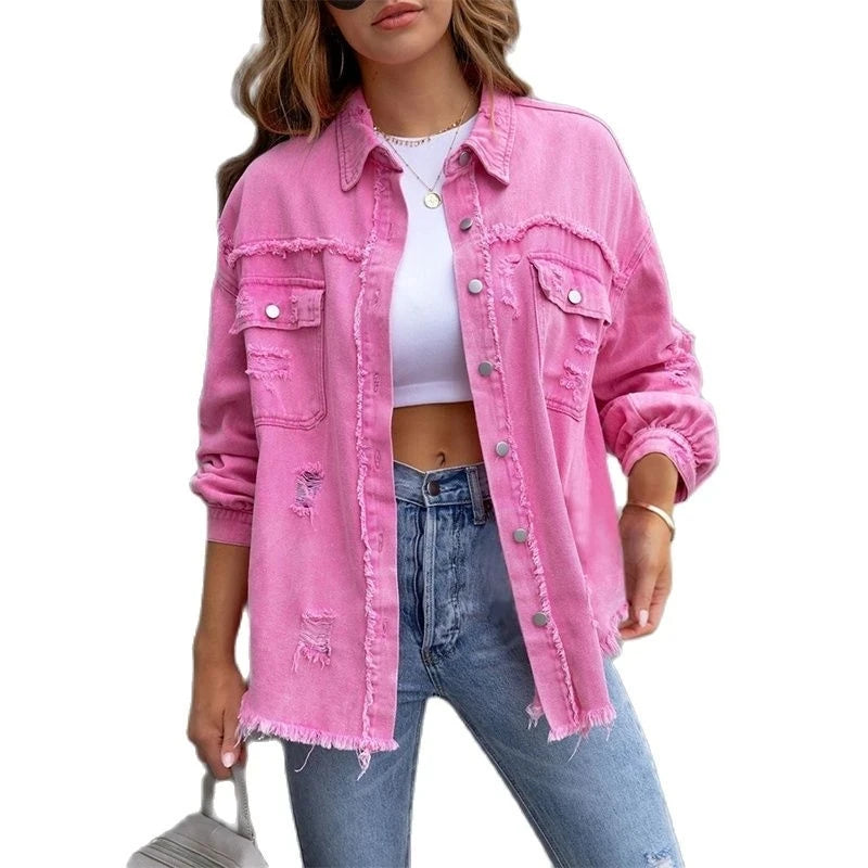 Ragged Torn Denim Lapel Jacket Women Autumn Winter Short Fashion Jacket  Pockets Blazer Solid Standard Overcoat Loose Streetwear  Amaijoin