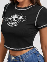 Load image into Gallery viewer, Women&#39;s Stylish Angel Letter Printed T-Shirt Short Sleeve Round Neck Contrast Stitch Slim Fit Wild Casual Crop Tops for Summer  Amaijoin
