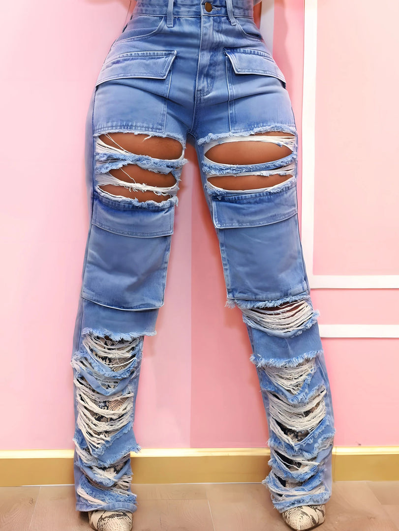 Women Straight Leg Ripped Jeans Fashion Flap Pocket Baggy Pants Vintage Street Hip-Hop Denim Trousers Mujer  Amaijoin