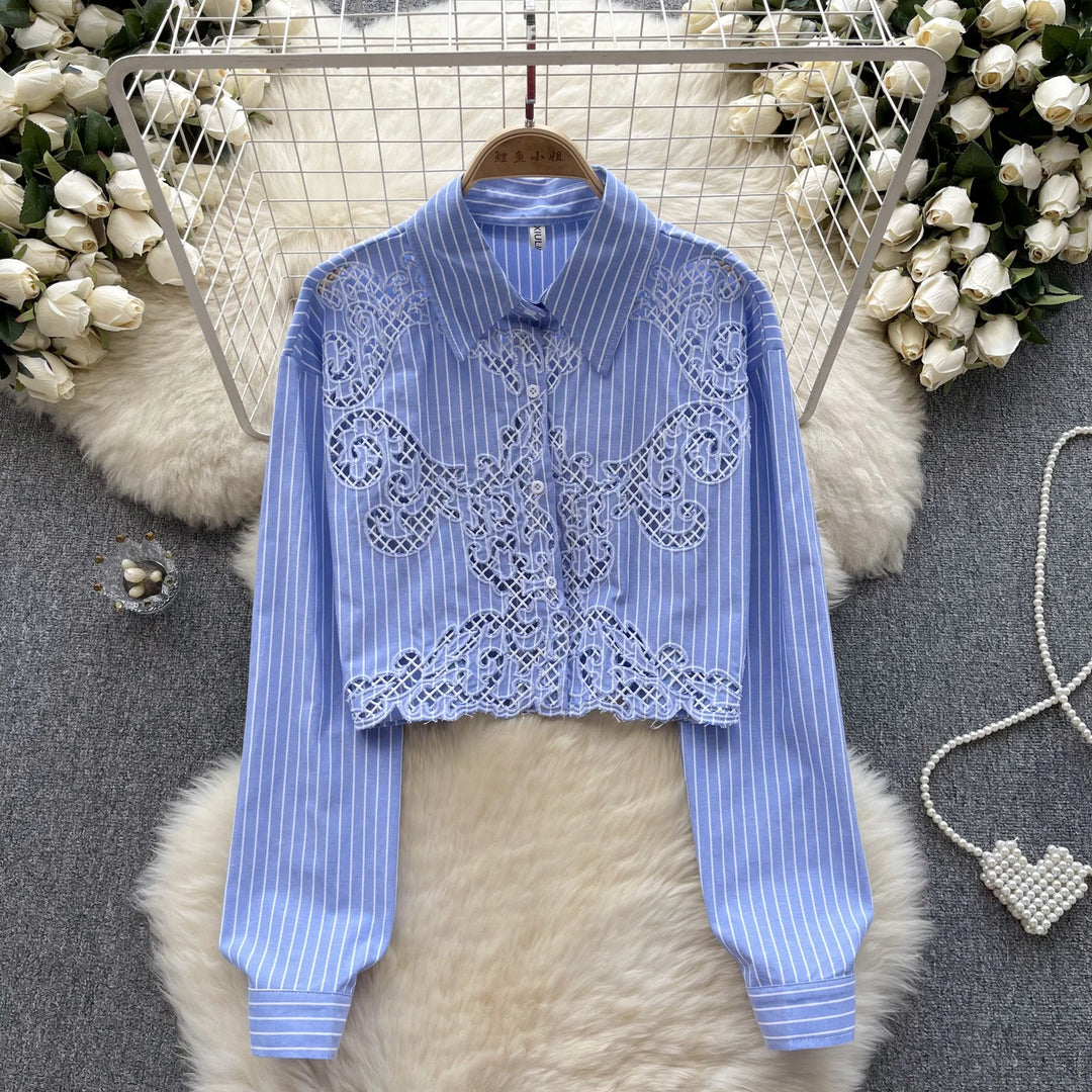 Luxury Hollow out Lace patchwork shirt Women's 2024 Summer Fashion striped print Long sleeve blouse Cropped tops Beach 4T032  Amaijoin