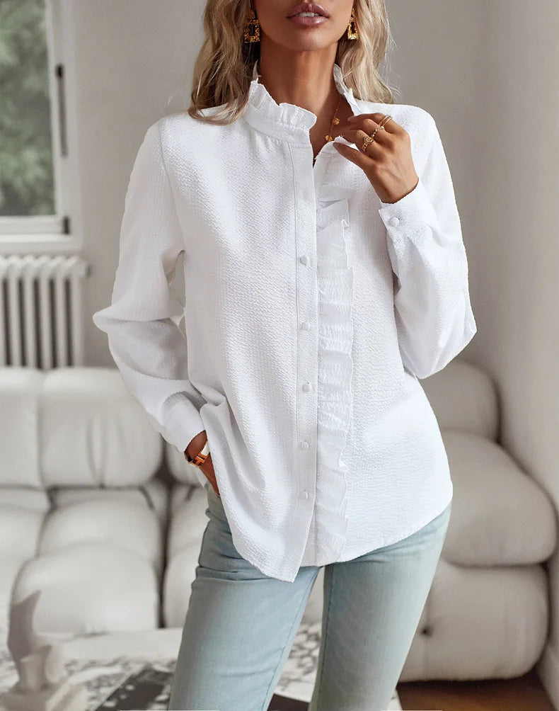 Fashion New Women Shirt Elegant Office Ruched Stand Collar Single Breasted Long Sleeve Top Causal Solid Comfort Simple Shirt  Amaijoin