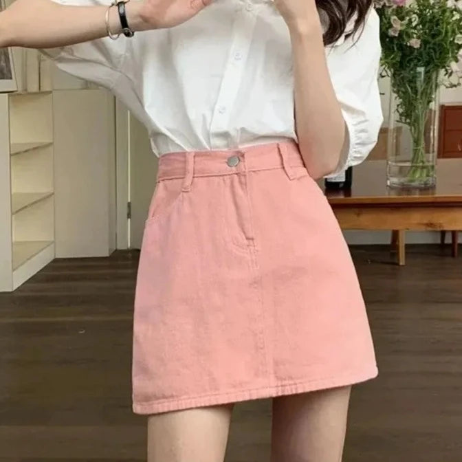 Pink Denim Skirt Women's Loose-fit Korean Style High-waisted Slimming A- line Bodycon Mini Dress A- skirt  Amaijoin