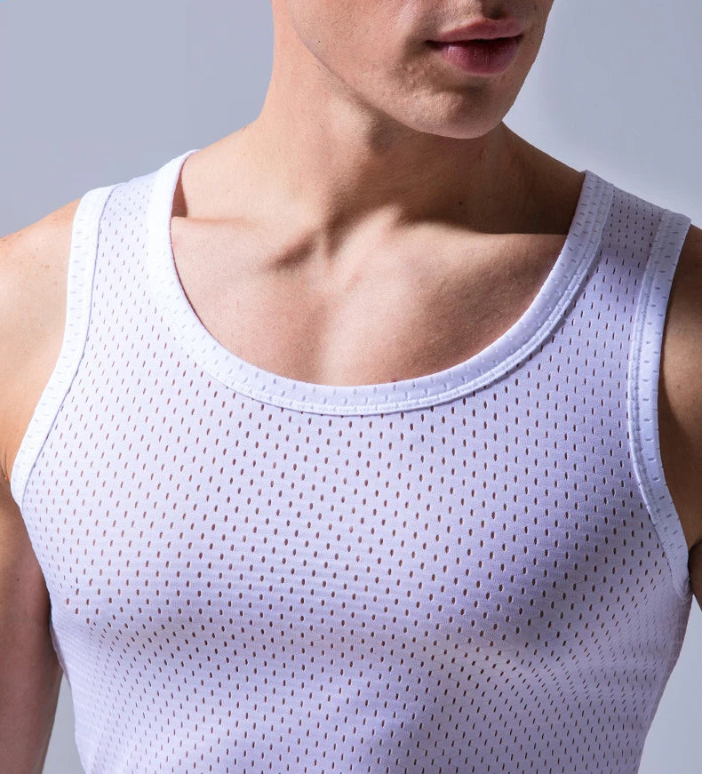 Summer Quick-Drying Thin Breathable Ice Silk Vest Men Tops Sport T Shirts Sleeveless Mesh Hole Tank Tops Gym Clothing Outer Wear  Amaijoin