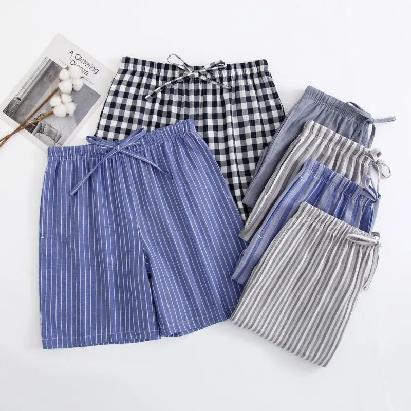 Summer Men Sleep Bottoms 100% Cotton Pajama Shorts Male Sleepwear Pants Men Home Shorts Striped Lounge Wear Shorts  Amaijoin