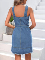 Carregue a imagem no visualizador da Galeria, Square Neck Sleeveless Frayed Hem Belted Denim Dress Women Button Front Tank Sundress Female Casual Mini Jeans Dresses  Amaijoin
