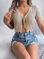 Carregue a imagem no visualizador da Galeria, Spring Summer Solid Hollow Short Sleeve Lace up Knitwear Women Vacation Cardigan  Amaijoin
