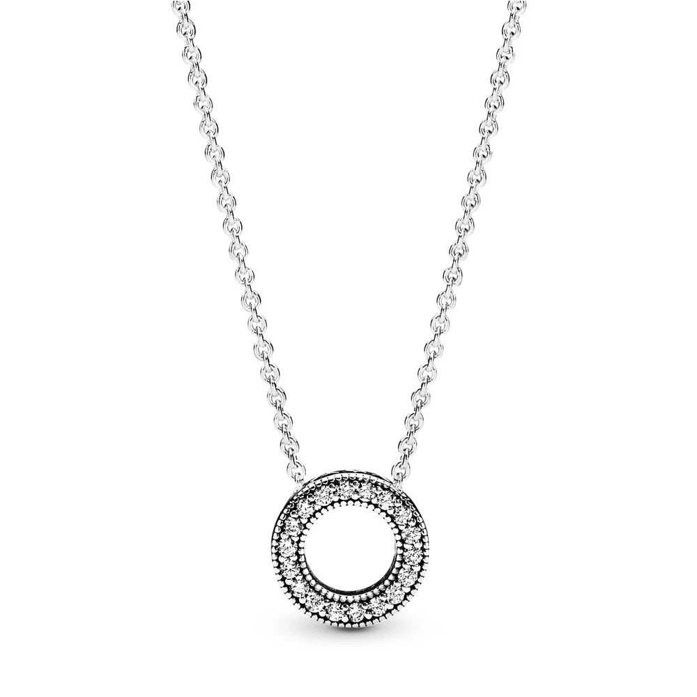 Pandora Logo Pavé Circle Collier Necklace 925 Silver Pavé 45CM Ring Simple Fashion Chain For Women Elegant Jewelry Gift  Amaijoin