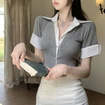 Load image into Gallery viewer, Top Female Sexy Crop Tee Button Slim Women&#39;s Polo Fashion 2024 High Quality T-shirts Basic Clothing Sales with Collar Pretty Y2k  Amaijoin
